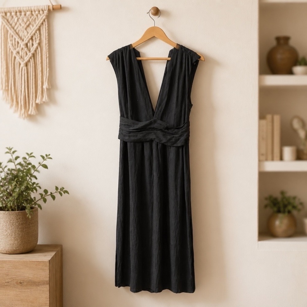 Sunday in Brooklyn Anthropologie NWT M Black Maxi Dress Deep V Neck Side Slits